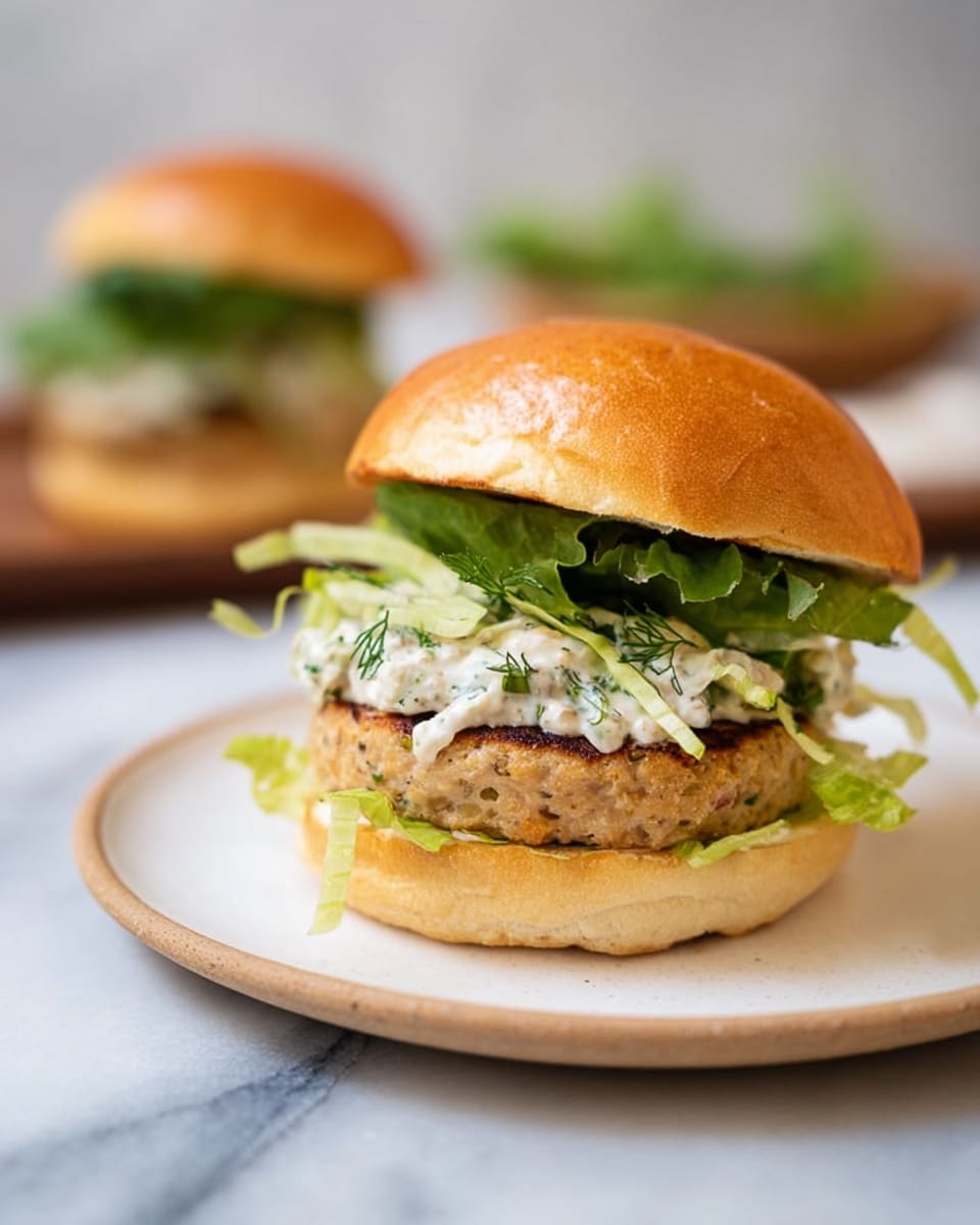 The image shows a sandwich on a white plate with a white marbled surface. The sandwich has four layers: the bottom layer is a soft, golden-brown bun; above it is a thick, light beige patty; on top of the patty there is a mix of creamy white sauce with green herbs and fresh green lettuce leaves; the top layer is the golden-brown bun crown. In the background, another sandwich with a similar setup is slightly blurred. Photo taken with an iphone --ar 4:5 --v 7