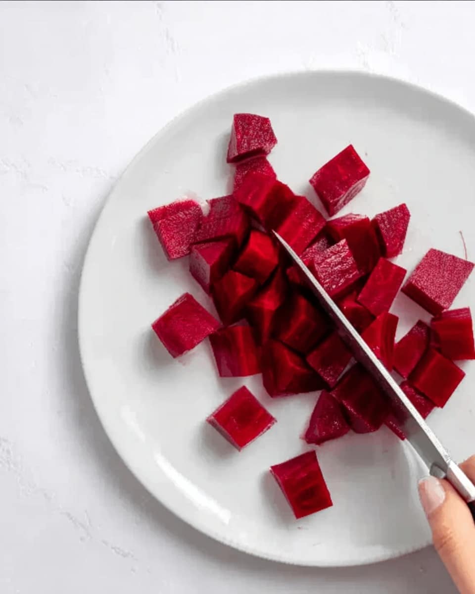 The image shows a white plate with pieces of bright red beetroot cut into small cubes. The beetroot has a smooth, slightly shiny surface and is arranged neatly near the middle of the plate. A sharp knife is in the lower part of the image, slicing through the beetroot, while a woman's hand holds the plate steady. The background is a white marbled texture. Photo taken with an iphone --ar 4:5 --v 7