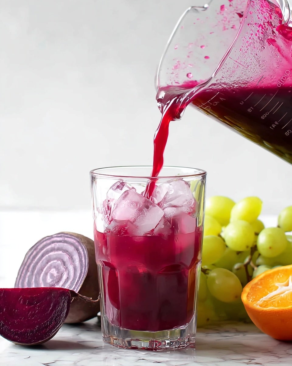 A clear glass filled with ice cubes is being poured with bright purple-red juice from a clear measuring jug. Behind the glass on a white marbled surface, there are fresh fruits including a bunch of green grapes on the left, a purple beet cut in half showing its striped inside, and a slice of orange positioned next to the beet. The colors are vibrant with the deep red juice contrasting against the white background, making the drink and fruits stand out. Photo taken with an iphone --ar 4:5 --v 7