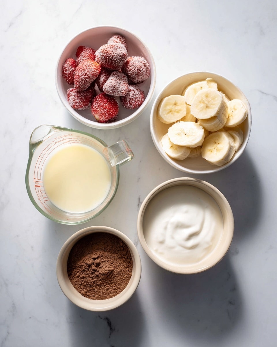 Five containers hold different ingredients placed on a white marbled surface. At the bottom left is a glass measuring cup with light yellow liquid. Above it to the left is a white bowl filled with whole frozen strawberries showing a light frost texture. In the center right, there is a white bowl with round slices of banana, creamy yellow with soft edges. At the top left is a white bowl of fine dark brown powder. To its right is a beige bowl with a coarse light brown powder. At the bottom right is a white bowl with smooth white yogurt. The scene is bright with soft light and shadows, photo taken with an iphone --ar 4:5 --v 7