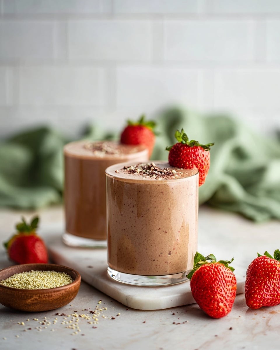 The image shows two clear glass cups filled with thick light brown smoothie, with tiny visible bits inside. Each cup has a fresh red strawberry with green leaves placed on its rim, and small dark and light crumbs sprinkled on top of the smoothie. The cups are placed on a white marbled surface. In the foreground, there are whole strawberries and a small brown bowl filled with light yellow seeds or crumbs. The background is a blurred white tiled surface with a crumpled green cloth adding color. Photo taken with an iphone --ar 4:5 --v 7
