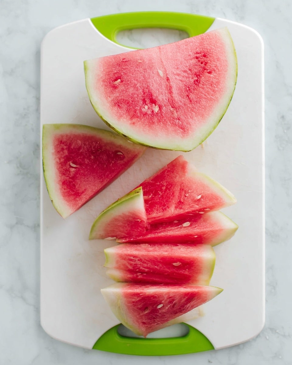 A close-up view of seven pieces of fresh watermelon on a white cutting board with green handles. The watermelon slices are arranged from top to bottom, starting with a large triangular piece showing the pink juicy flesh with white seeds inside, bordered by a thin green rind. Below it, there is a smaller triangular slice of the same pink fruit with a visible green rind. The bottom half shows five thinner triangular watermelon slices neatly lined up, each with bright pink flesh and a thin light-green rind. The cutting board sits on a white marbled surface. Photo taken with an iphone --ar 4:5 --v 7