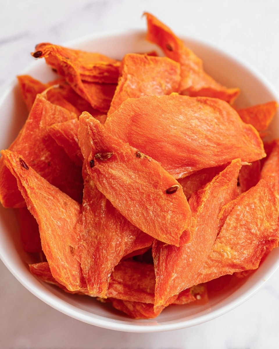 A white bowl filled with many pieces of dried papaya, shown from a close-up view. Each piece is bright orange with a slightly wrinkled and rough texture, some having small seeds attached. The pieces are layered unevenly, overlapping each other, with irregular shapes and edges. The bowl is placed on a white marbled surface. photo taken with an iphone --ar 4:5 --v 7