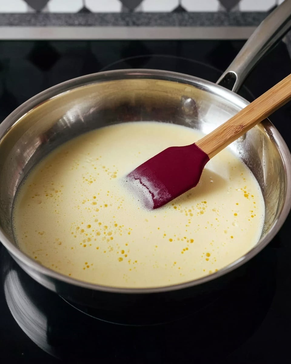A close-up view of a shiny metal frying pan on a stove with a smooth mixture inside. The mixture is creamy pale yellow with small, lighter yellow bubbles spread across the surface. Resting inside the pan is a spatula with a wooden handle and a dark red flat silicone head, touching the mixture gently from the right side. The background shows a black and white checkered pattern. The scene is simple and focused on the pan’s contents and spatula. Photo taken with an iphone --ar 4:5 --v 7