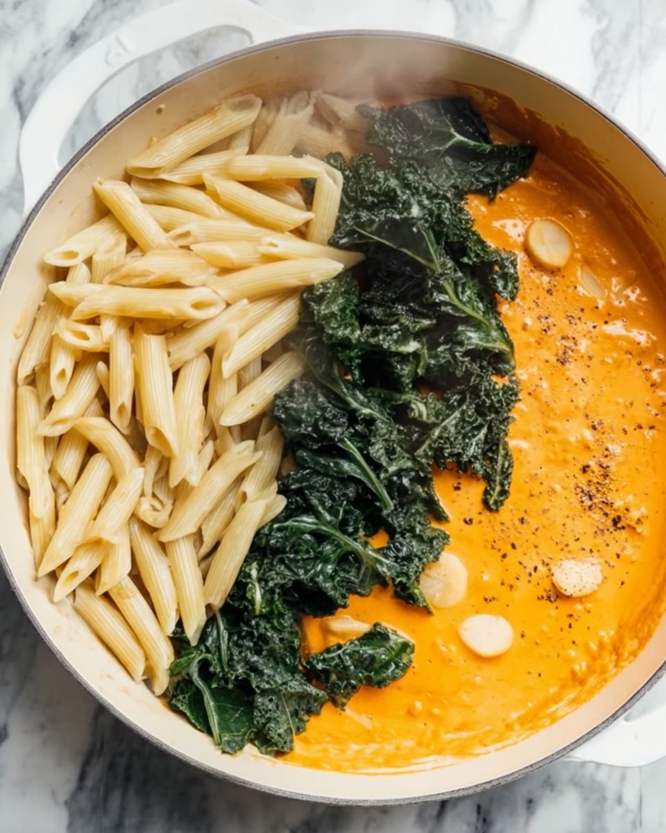 A white pan holds a layered dish starting with an orange sauce spread thinly on the bottom, textured and slightly creamy. On the left, a pile of pale, cooked penne pasta with smooth surfaces fills nearly half of the pan. On the right, dark green, wrinkled leafy kale leaves sit on top of the sauce and pasta, providing a strong contrast in both color and texture. The orange sauce surrounds both the pasta and kale, with some small round pieces visible just beneath the pasta. The pan is set on a white marbled surface, and the image shows some steam rising, adding a warm feeling. photo taken with an iphone --ar 4:5 --v 7