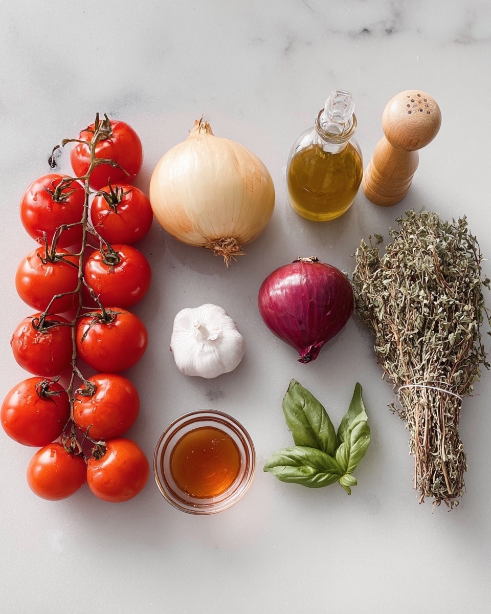 A row of fresh ingredients is neatly arranged on a white marbled surface, starting from the left with clusters of bright red tomatoes on the vine followed by smaller oval-shaped red tomatoes. Next to them is a large yellow onion with a smooth pale skin, and beside it a smaller round red onion with purple hues and rough texture. A single white garlic bulb sits below the onions. Moving right, there is a clear squeeze bottle filled with light golden oil, paired with wooden salt and pepper shakers featuring smooth rounded tops. A small glass bowl with light brown liquid is placed next to a fresh green basil leaf, and a sizable tightly bundled bunch of dried herbs with pale green and brown leaves finishes the line on the far right. Photo taken with an iphone --ar 4:5 --v 7