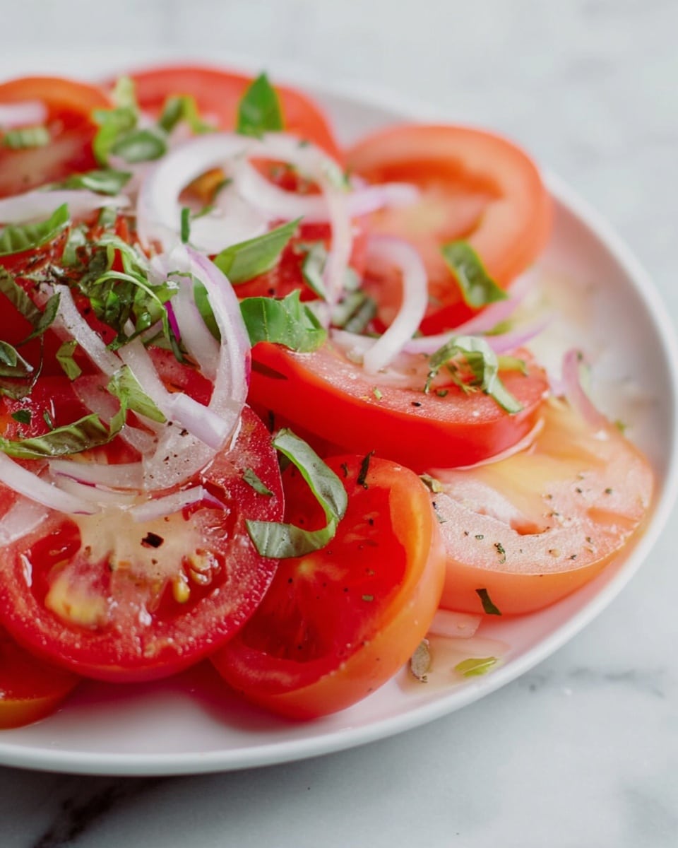 A white plate with multiple layers of fresh tomato slices in front of a white marbled surface. The bottom layer has thin, round slices of bright red tomatoes with a smooth texture. On top of that, there are thicker wedges of lighter red tomatoes showing the seeds inside. Scattered across the tomato slices are thin green strips of basil and some thin curls of purple onion. There are tiny drops of liquid and small bits of green herbs sprinkled over the tomatoes. The colors are bright red, light green, and pale purple. Photo taken with an iphone --ar 4:5 --v 7