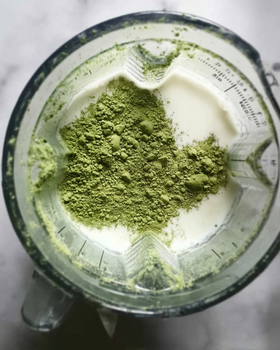 A top view of a blender with white liquid at the base, topped with a loose pile of fine green powder, spread unevenly in the center, inside the blender's transparent container. The green powder sits on the milky white liquid, creating a contrast between the two textures. The blender container shows its measurement marks on the sides with a clear handle visible. The background is a white marbled texture. photo taken with an iphone --ar 4:5 --v 7