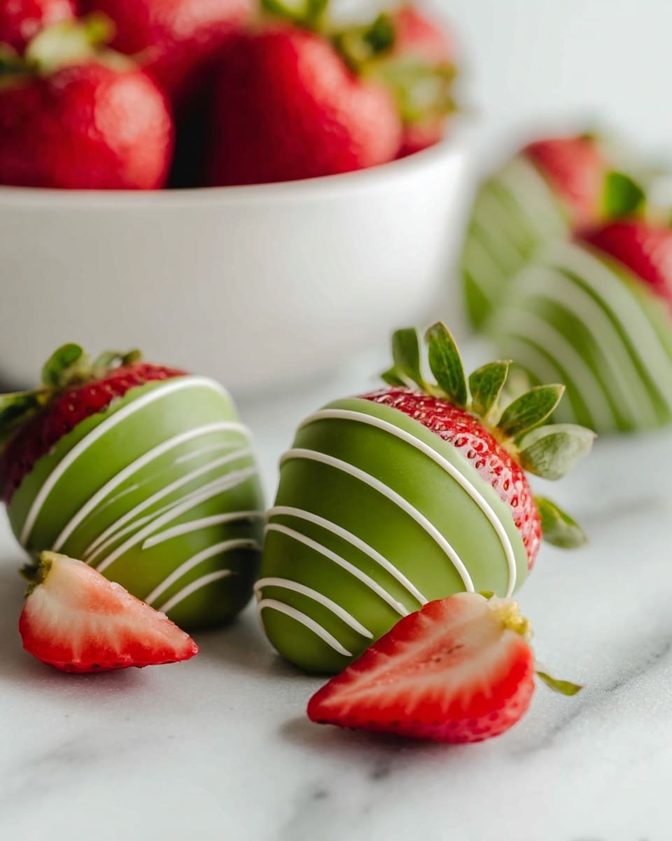 The image shows a close-up of strawberries on a white marbled surface. In the foreground, there are two large strawberries fully covered in a smooth, green coating with thin white lines drizzled on top in a swirl pattern. Around these, there are a few fresh red strawberries, some whole and some sliced to show their seeds and juicy texture. In the background, a white bowl filled with more whole red strawberries is slightly blurred, adding depth to the image. The green coating on the strawberries looks thick and shiny, contrasting with the bright red of the fresh berries. Photo taken with an iphone --ar 4:5 --v 7