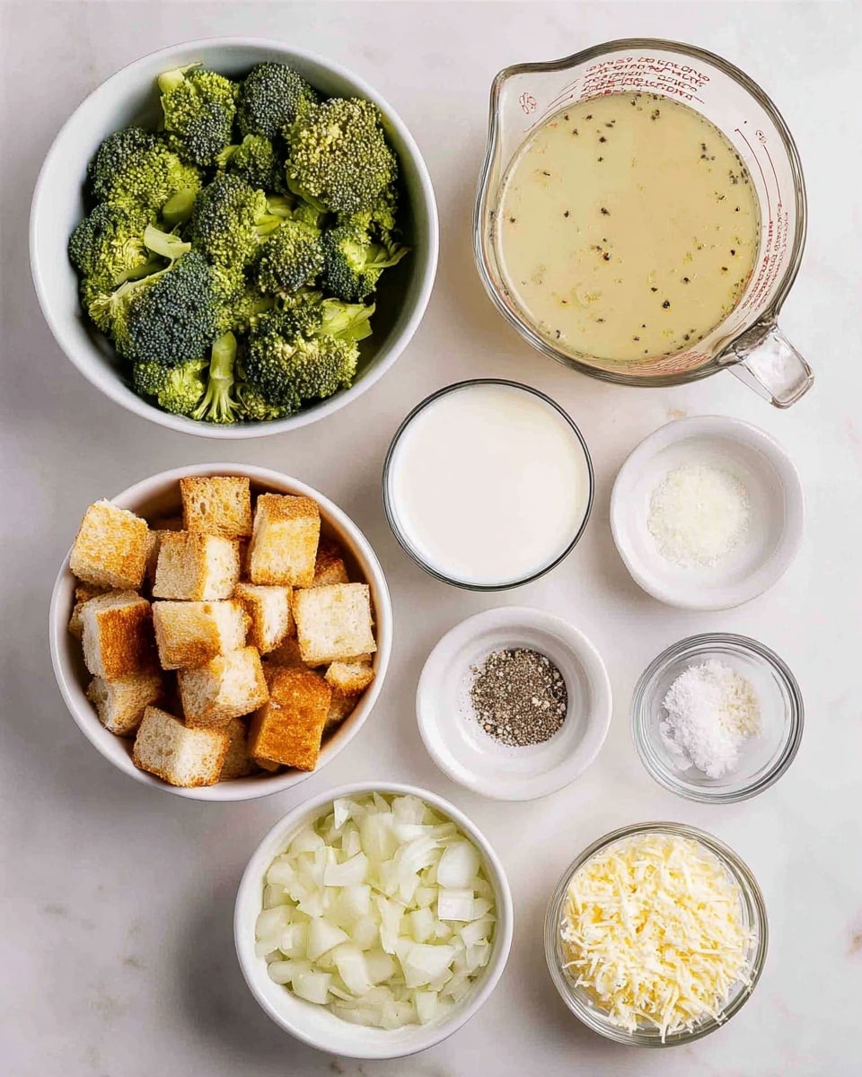 The image shows eight containers arranged on a white marbled surface. At the top left, there is a white bowl filled with green broccoli florets. To its right, there is a clear measuring cup filled with light yellow broth with small black specks. Below the broccoli, there is a clear glass with white milk. Next to this, a white bowl holds cubed pieces of toasted bread with an orange-brown top. On the right side, two small bowls contain coarse white salt and cracked black pepper. At the bottom left, a white bowl is filled with chopped white onions. Next to it, a smaller white bowl contains crumbled cheese in a pale yellow color. Lastly, a small clear container holds minced garlic, pale yellow in color. The containers are neatly placed and viewed from above. photo taken with an iphone --ar 4:5 --v 7