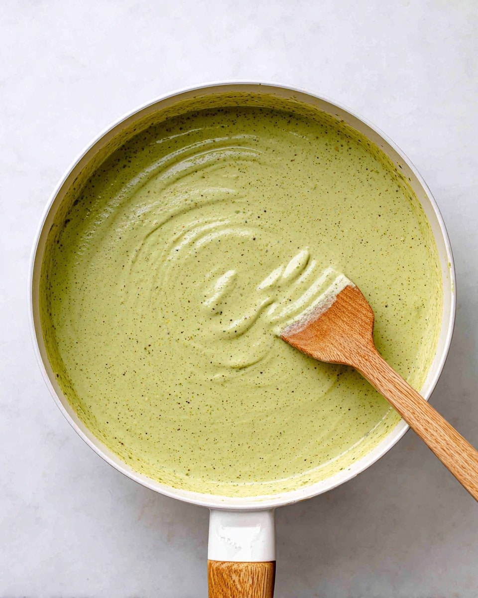 A white pan filled with a smooth, creamy green sauce that has small dark green specks throughout. The sauce appears thick and slightly glossy, with light swirls on the surface from stirring. A wooden spatula with a thin neck and flat, rounded head is resting in the sauce on the right side, with its handle extending out of the pan. The pan has a white rim and a light wood handle, positioned at the top right corner. The background is a white marbled texture. photo taken with an iphone --ar 4:5 --v 7