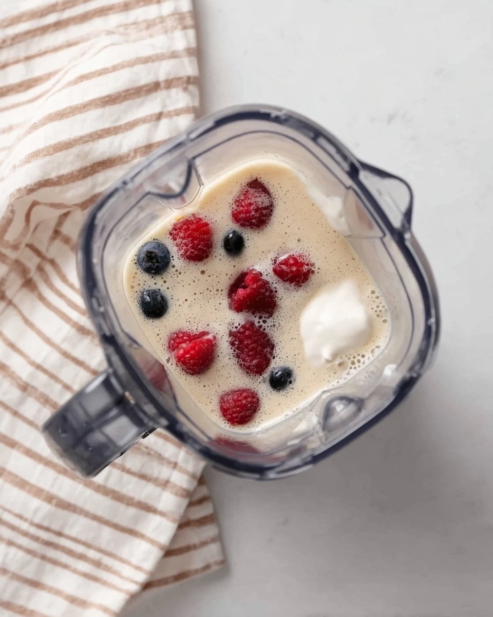 A clear blender container is filled with a creamy beige liquid base. Floating in the liquid are several red raspberries and a couple of dark blueberries scattered on the top. There is a dollop of white creamy substance sitting on one side of the container's surface. The background is a white marbled texture, and a white and brown striped cloth is placed folded near the blender. photo taken with an iphone --ar 4:5 --v 7