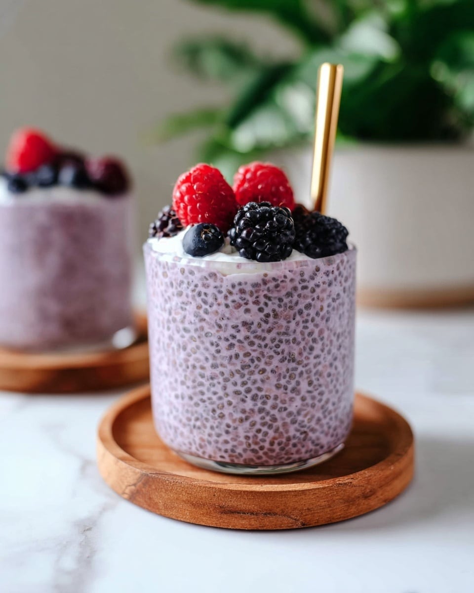 There is a clear glass filled with a light purple chia pudding that has visible small black chia seeds throughout. The pudding fills almost the entire glass, which sits on a round light wood coaster. On the top center, there is a layer of white cream, and on top of that are fresh berries: two red raspberries in the front, several black blackberries, and small round dark blueberries clustered together. A shiny golden spoon is inserted on the right side, standing upright inside the glass. The background is a soft focus with a green potted plant and a white marbled surface. Another glass with the same chia pudding and berries is blurred in the background on the left side. Photo taken with an iphone --ar 4:5 --v 7
