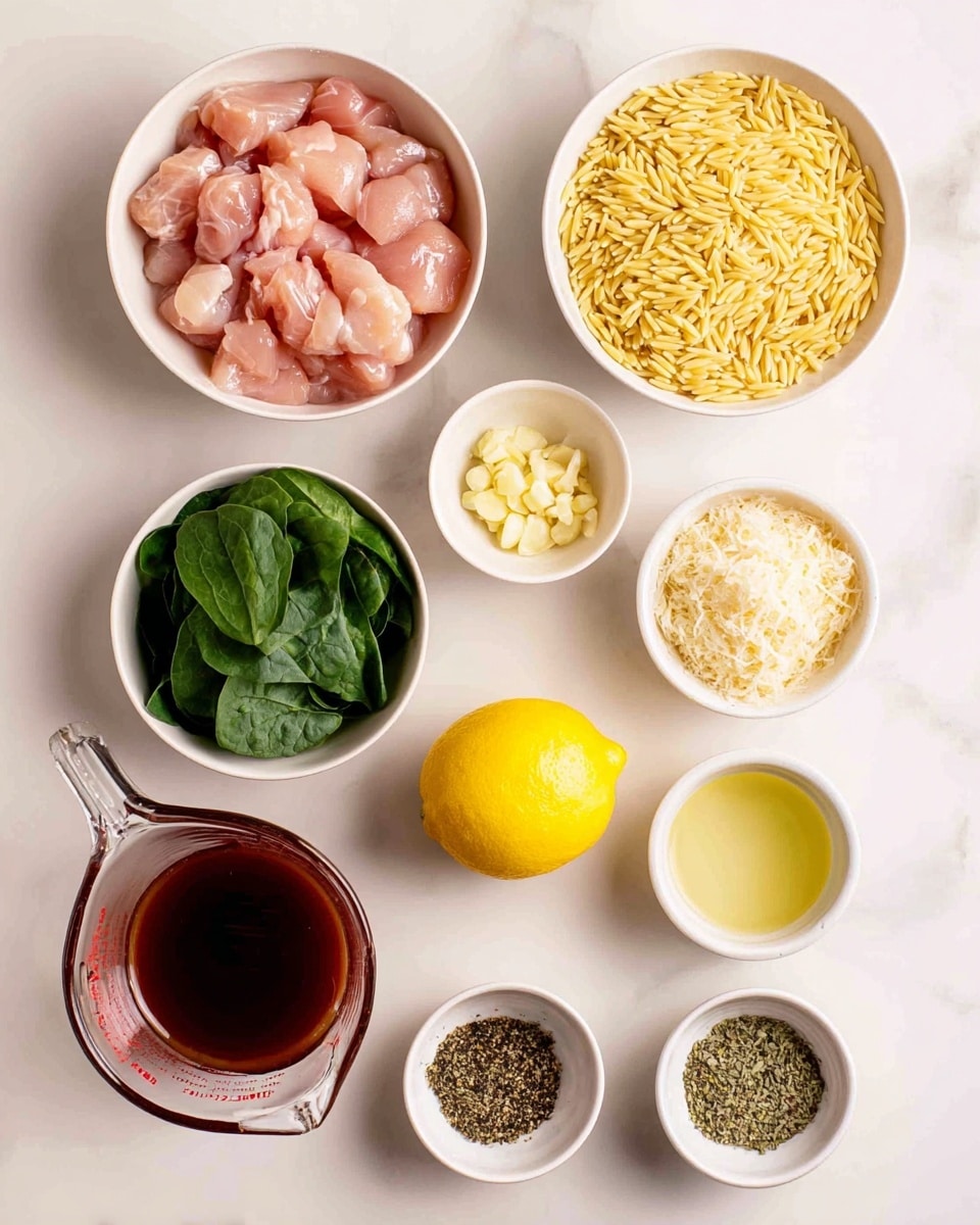 The image shows several white bowls and small containers on a white marbled surface, each holding different ingredients. There are chunks of pink raw chicken pieces in a bowl at the top left, and to the right of it, a bowl filled with light yellow orzo pasta. Below the chicken is a bowl of fresh dark green spinach leaves, and next to this is a small bowl with minced garlic that is pale yellow. To the right of the garlic is a bowl of pale yellow, grated cheese. Below these bowls, there is a bright yellow whole lemon placed centrally. To the left of the lemon, there is a clear glass measuring cup filled with a dark reddish-brown liquid sauce. To the right of the lemon, two small white bowls contain green dried herbs and black pepper mix. At the bottom, two small white bowls hold a light yellow-green liquid and a white cream-like liquid, respectively. The layout is neat and evenly spaced. Photo taken with an iphone --ar 4:5 --v 7
