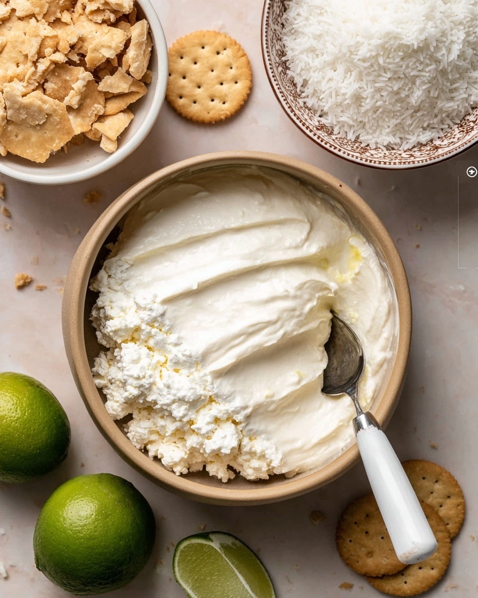 In the center, there is a light brown bowl filled with three layers of white creamy textures: a smooth creamy layer at the bottom, a soft cottage cheese layer in the middle, and a slightly lumpy white creamy layer on top. A spoon with a white handle and metal scoop rests inside the bowl on the right side. Around the bowl, there is a white bowl at the top left filled with broken pale brown crackers, and at the top right, a white bowl with a patterned brown rim filled with fluffy white rice. Scattered pale brown crackers and three cut green limes sit on a white marbled texture surface. Photo taken with an iphone --ar 4:5 --v 7