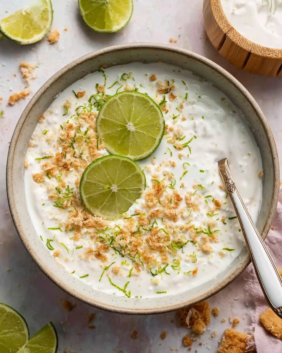 A white bowl filled with a thick creamy white dish topped with small green lime zest pieces and light brown crumbs scattered across the surface. Two bright green lime wedges rest on top near the edge. A spoon with a white handle is placed inside the bowl on the right side. The bowl sits on a white marbled surface with some crumb bits and a wooden juicer partially visible, along with another bowl filled with a white substance near the top right. The overall look is fresh and textured, with contrast from the white creamy base against the lime and crumbs. photo taken with an iphone --ar 4:5 --v 7
