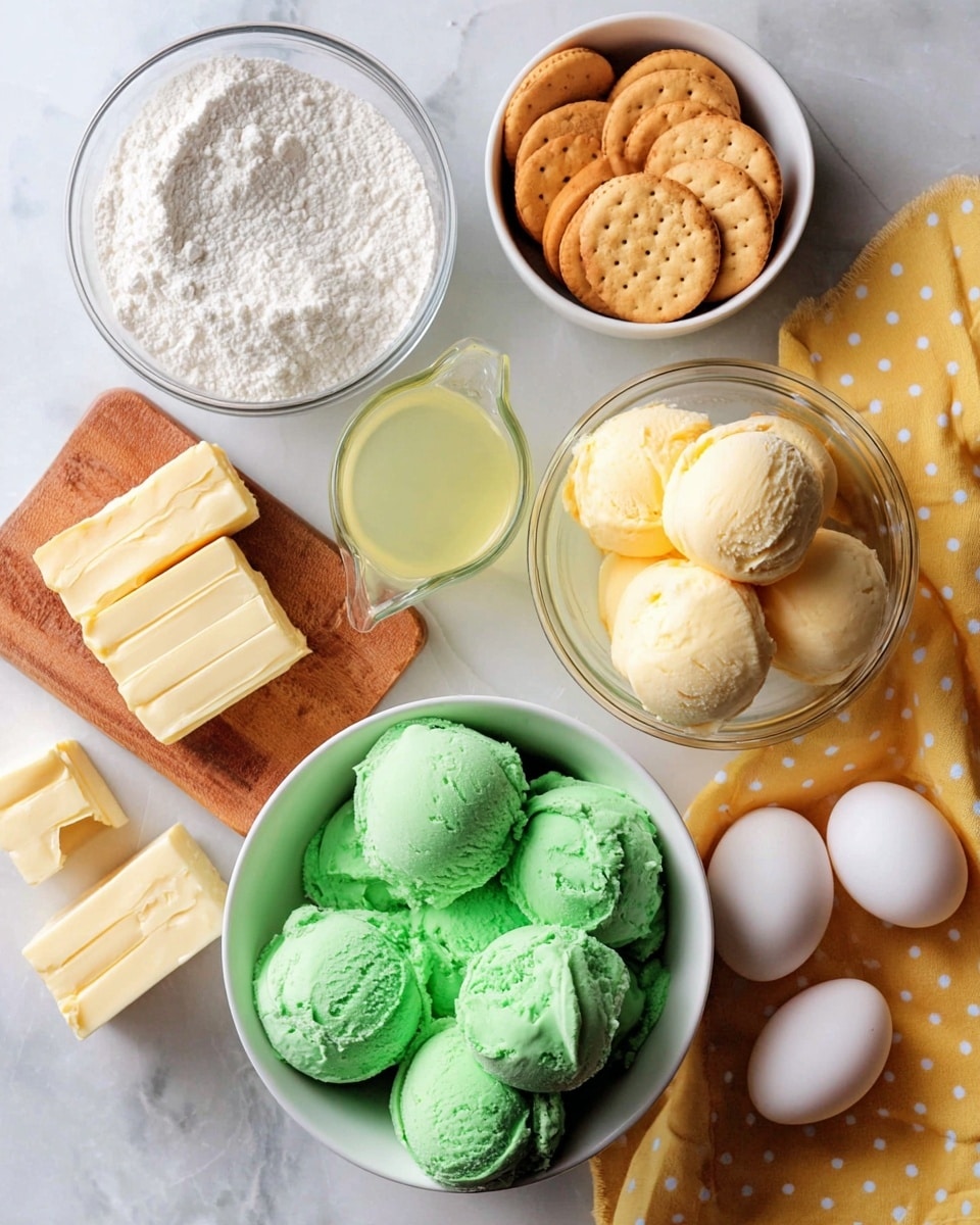 The image shows an overhead view of several baking ingredients arranged on a white marbled surface. In the center, there is a white bowl filled with multiple scoops of bright green ice cream. To the right of it, there is a clear glass bowl holding several scoops of pale yellow ice cream. Below, there is a white bowl full of round golden crackers. To the left, five rectangular sticks of butter rest on a small wooden board. Above the butter, a clear measuring cup contains a light yellow liquid, likely juice. Near the top left, there is a clear white bowl full of granulated white sugar. On the right side, six white eggs lie on a yellow cloth with white polka dots. photo taken with an iphone --ar 4:5 --v 7