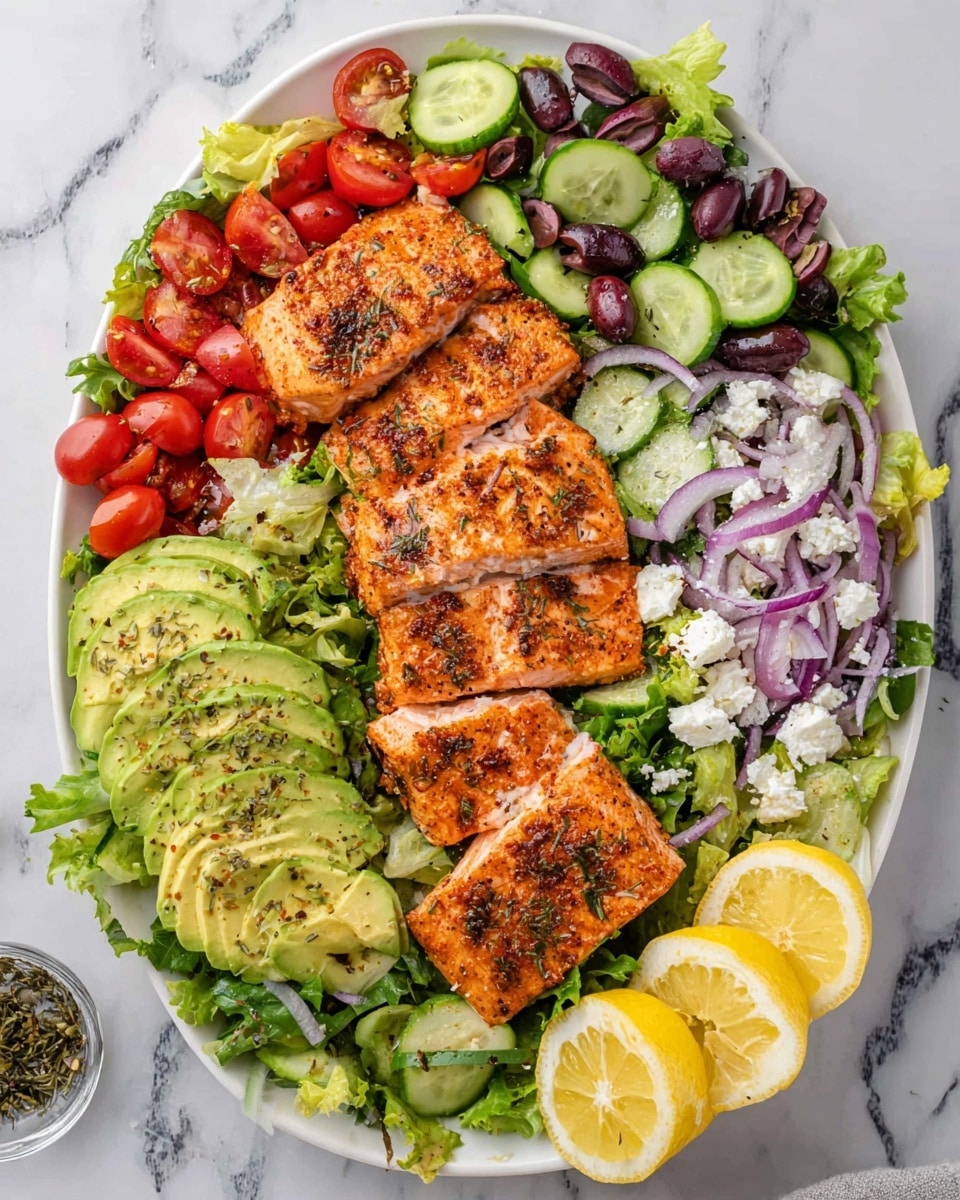 A white oval plate holds a vibrant salad with several layers. The base layer is green leafy lettuce scattered across the plate. On top of the lettuce are sliced red cherry tomatoes, small cucumber pieces, purple onion slivers, and dark purple olives mixed throughout. On one side, there is sliced green avocado sprinkled with seasoning. Centered on the plate are four pieces of grilled salmon with a slightly charred, orange-brown surface showing herbs and spices. Small white feta cheese crumbles are spread over the salad. At the bottom right of the plate are two bright yellow lemon wedges. The plate sits on a white marbled surface. Photo taken with an iphone --ar 4:5 --v 7