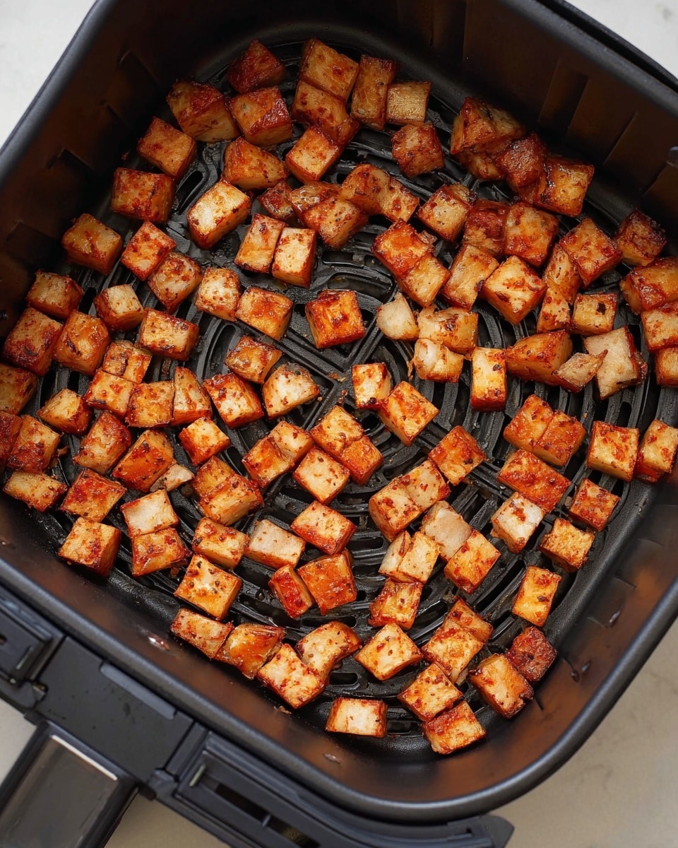 Small, evenly cut cubes of roasted food with a light reddish-brown color are spread out in a single layer inside a black air fryer basket. The cubes have a slightly crispy texture, with some pieces showing darker, well-cooked edges. The basket has a patterned bottom that lifts the food for even cooking. The setup is on a white marbled surface. photo taken with an iphone --ar 4:5 --v 7