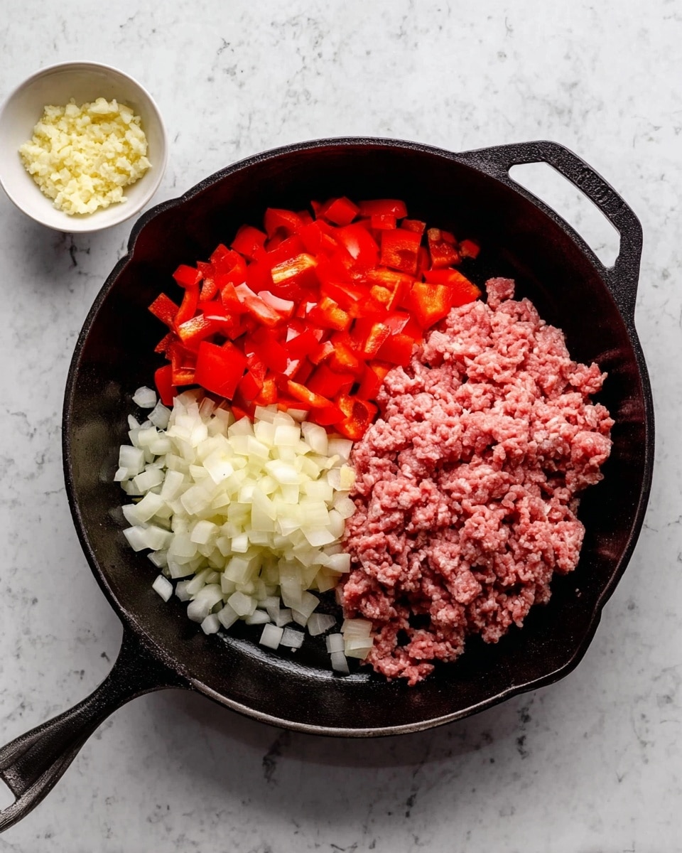 The image shows a black cast iron pan sitting on a white marbled surface. Inside the pan, there are three main layers or parts: on the right side is a large portion of raw ground meat, on the bottom and slightly on the right side are small chopped white onion pieces, and on the top left side is a pile of chopped red bell pepper pieces. To the left of the pan on the white marbled surface, there is a small white bowl filled with minced garlic. The colors in the pan are mainly pink from the meat, white from the onions, and bright red from the bell peppers, with the black pan and white background offering contrast. photo taken with an iphone --ar 4:5 --v 7