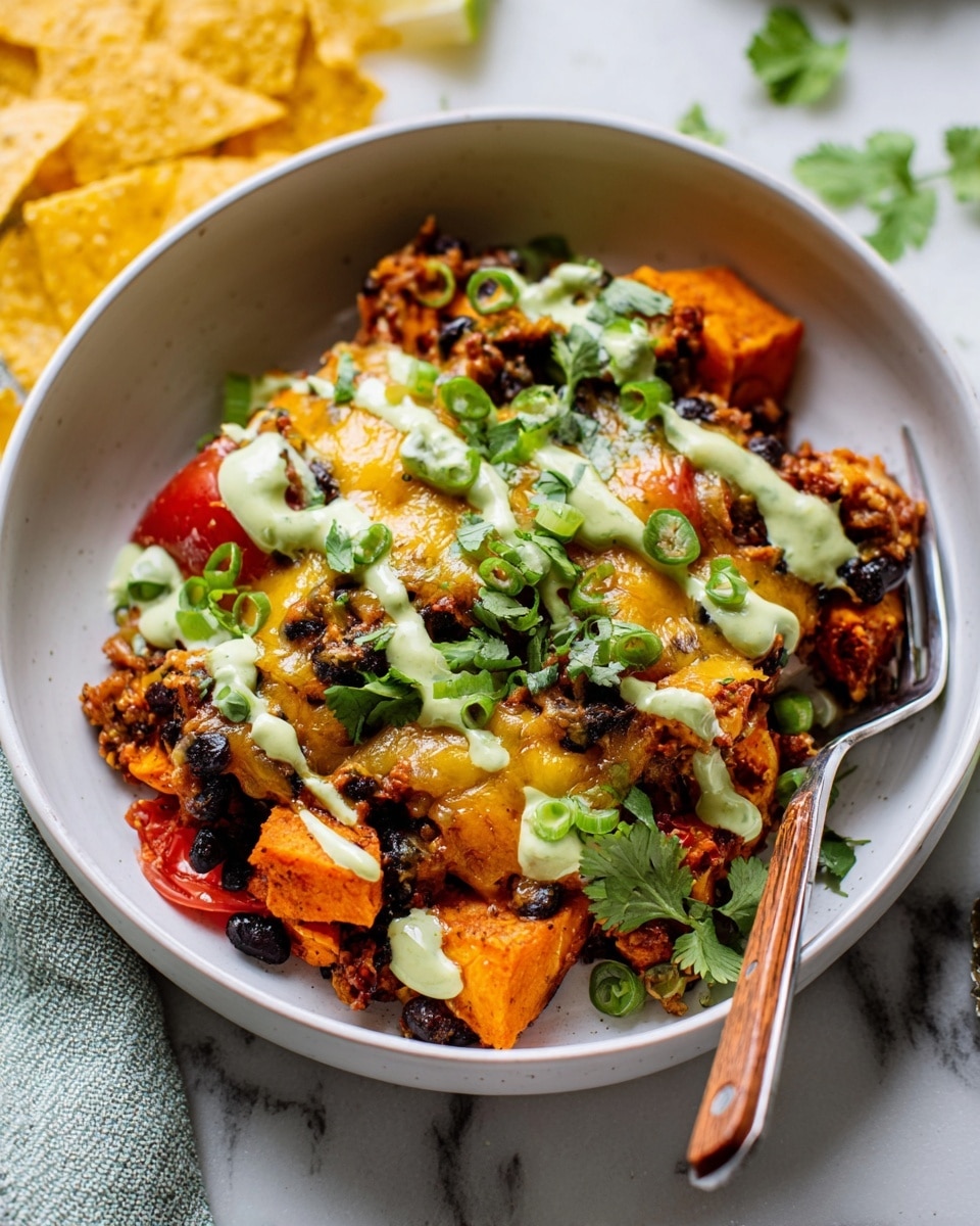 A white bowl holds a layered dish starting with chunks of bright orange sweet potatoes and black beans mixed with ground meat and red tomato pieces. Melted yellow cheese is layered on top, slightly browned in spots. A light green creamy sauce is drizzled over in stripes, along with fresh green onion rings and cilantro leaves scattered on top. A fork with a wooden handle sits on the right side of the bowl, resting on a white marbled surface with some yellow tortilla chips visible in the background. photo taken with an iphone --ar 4:5 --v 7