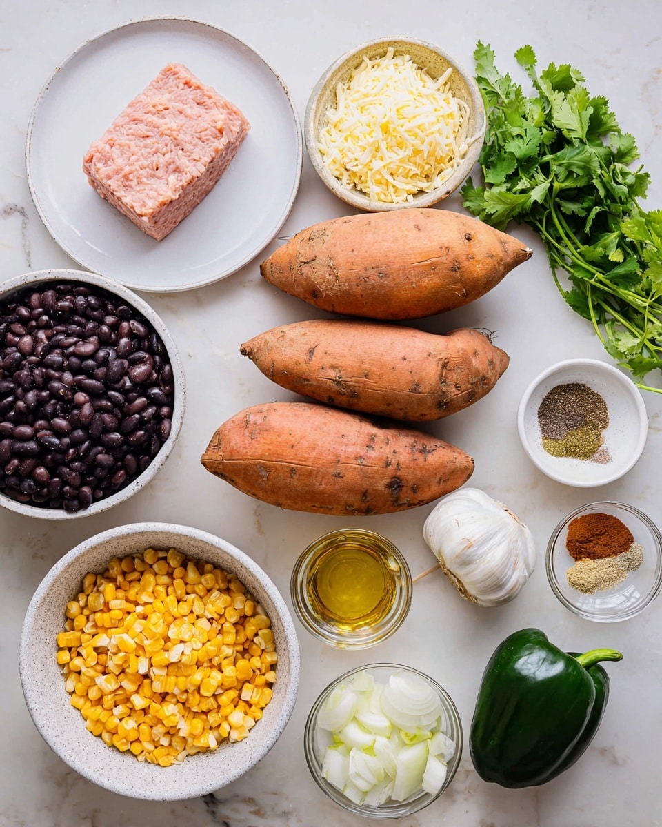The image shows a flat lay of various fresh and prepared ingredients arranged on a white marbled surface. Four sweet potatoes with rough orange skins are lined horizontally in the center. Above them, there is a white plate holding a smooth block of light pink ground turkey meat on the left and a white bowl with shredded pale yellow cheese to the right. Next to the cheese are some fresh green cilantro sprigs and a large dark green poblano pepper. Below the sweet potatoes, a large white bowl contains dark black beans, and to its left, a speckled light bowl holds roasted yellow corn kernels. Small white and clear bowls with golden olive oil, white salt, and brownish-green spice powder are scattered around. In the lower right corner, a white bowl is filled with finely diced white onions and near it are three peeled garlic cloves and a green jalapeño pepper. Photo taken with an iphone --ar 4:5 --v 7