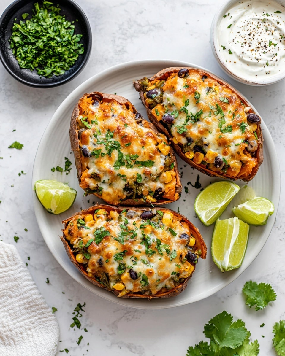 Three stuffed sweet potato halves topped with melted golden cheese and chopped green herbs sit in a white round plate on a white marbled surface. Inside each potato is a mixed filling of black beans, corn, and finely chopped vegetables, all covered by a bubbly cheese layer browned in spots. To one side of the plate, a small black bowl holds fresh chopped green cilantro. Lime wedges and a small white bowl of sour cream sprinkled with ground black pepper and herbs are also arranged on the plate. A few chopped herbs are scattered around the plate, adding a fresh touch. Photo taken with an iphone --ar 4:5 --v 7