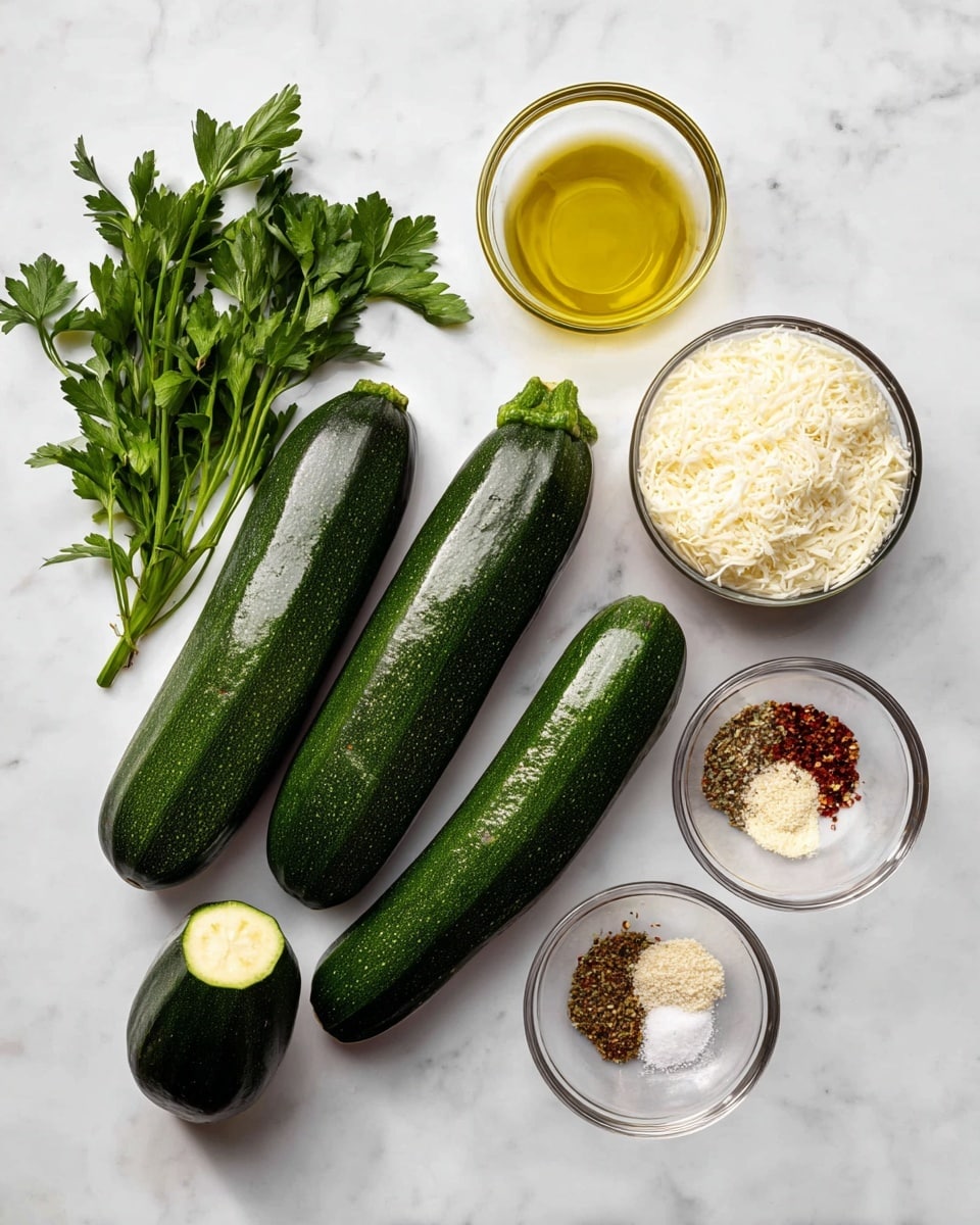 Four long dark green zucchinis are placed on a white marbled surface, two small and two larger ones, arranged near a bunch of fresh green parsley leaves on the left. Next to them are three small clear glass bowls: one with golden olive oil, one with white grated cheese, and one with a mix of spices that include red flakes, white salt, beige powder, and brown bits. The items are spaced evenly and show a clean, fresh look. Photo taken with an iphone --ar 4:5 --v 7