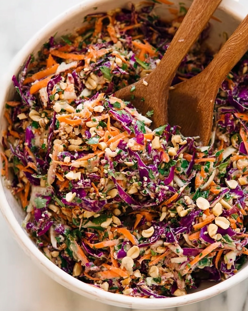 A close-up view of a white bowl filled with a colorful salad made of small shredded pieces. The salad has layers of bright orange carrot strips, purple cabbage bits, light beige nuts or seeds, and green herbs mixed throughout. Two wooden spoons are in the bowl, with one spoon slightly lifted and holding a portion of the salad. The bowl sits on a white marbled surface. photo taken with an iphone --ar 4:5 --v 7