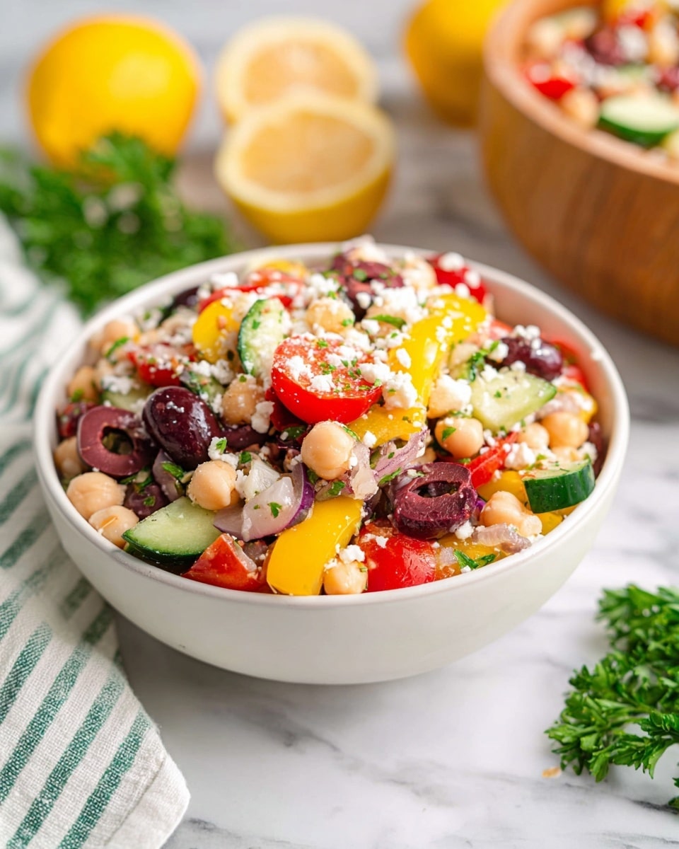 A white bowl filled with a colorful bean salad sits on a white marbled surface. The salad has three visible layers: the bottom layer shows small white beans and chickpeas, the middle layer has slices of bright red cherry tomatoes and dark purple olives, and the top layer includes diced yellow bell peppers, small white crumbles of cheese, and bits of green cucumber with a speckled look from finely chopped herbs. In the background, there is a blurred wooden bowl with more salad, lemon halves, and green parsley near the bowl. A striped white and green cloth is folded beside the bowl. Photo taken with an iphone --ar 4:5 --v 7