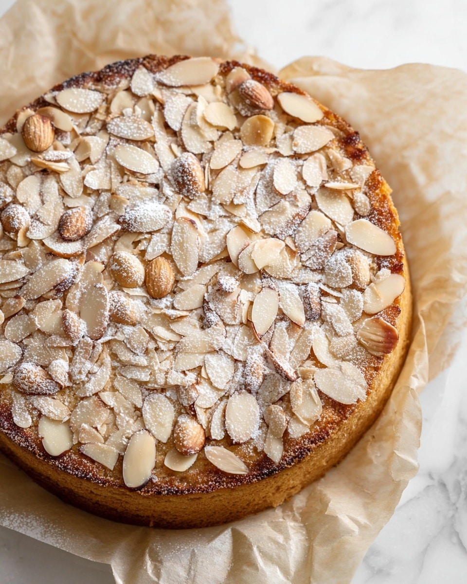 A single-layer round cake with a golden brown crust, topped with a generous layer of toasted almond slices that vary in shades of light tan to medium brown, with a light dusting of white powdered sugar scattered unevenly on top. The cake sits on a piece of beige parchment paper, which rests on a white marbled surface. Photo taken with an iphone --ar 4:5 --v 7