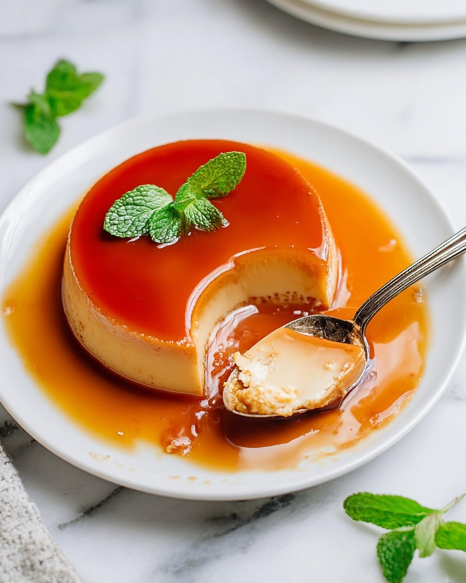 A smooth, round caramel flan sits in the center of a white plate, surrounded by a pool of shiny, rich amber caramel sauce. The flan has two layers visible: the top is a glossy caramel color, and the bottom layer is a soft cream color with a silky texture. A silver spoon scoops out a portion, showing the soft, creamy inside of the flan. A small green mint leaf garnish rests on top adding a fresh contrast. The plate is set on a white marbled surface with a few mint leaves scattered nearby. Photo taken with an iphone --ar 4:5 --v 7