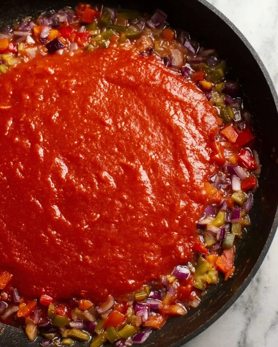 A close-up view of a dark pan filled with a cooking scene where small pieces of colorful vegetables, including green, red, and purple bits, line the edges of the pan. In the center of the pan, there is a smooth layer of thick, bright red tomato sauce spread evenly but not fully mixed with the vegetables. The mixture appears to be simmering gently, with a slightly glossy texture on the sauce. The background is a white marbled texture. photo taken with an iphone --ar 4:5 --v 7