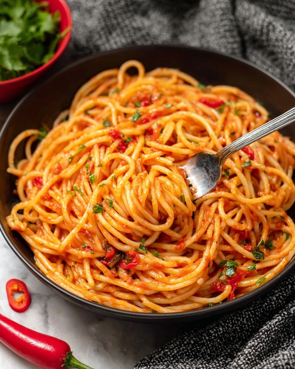 A close-up view of a round black bowl filled with spaghetti noodles coated in a red tomato sauce mixed with small bits of herbs and red pepper pieces. The noodles are shiny and tangled, with some green herbs sprinkled evenly on top. A silver fork is twirling some spaghetti near the center of the bowl. Next to the bowl, on a white marbled surface, are a whole red chili pepper and some sliced chili rings. In the background, there is a red bowl with green leafy herbs and a textured gray cloth. Photo taken with an iphone --ar 4:5 --v 7