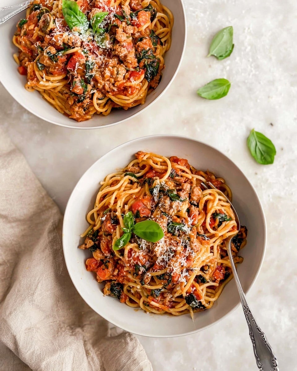 Two white bowls hold a dish with spaghetti noodles mixed with a red tomato sauce, chunks of light brown meat, and bits of dark green leafy vegetables. The spaghetti layers are tangled and soft, with the red sauce clinging to the noodles and meat distributed evenly. The dish is topped with small green basil leaves and a light sprinkle of white grated cheese that rests on the surface. Each bowl has a silver fork inside, positioned near the noodles. The bowls sit on a white marbled textured surface scattered with a few green basil leaves and light white crumbs, and there is a beige cloth partially visible in the bottom left corner. Photo taken with an iphone --ar 4:5 --v 7