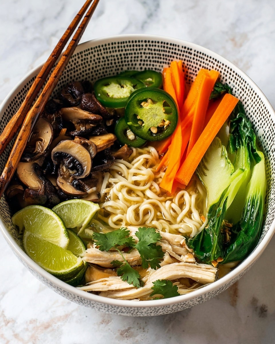 A bowl filled with layers of food starting with a base of cooked noodles in pale white on the left side. On top are sliced dark brown mushrooms with smooth textures, slightly overlapping light green bok choy leaves to the right. Bright orange carrot sticks stand upright in the center, next to dark green jalapeno slices with small seeds. Two bright green lime wedges rest near the noodles on the left side. At the bottom, light beige sliced chicken pieces lie under the vegetables. Small green cilantro leaves are scattered throughout. The bowl is white with a delicate dotted dark pattern on the inside rim, placed on a white marbled surface with wooden chopsticks resting on the bowl’s edge. Photo taken with an iphone --ar 4:5 --v 7