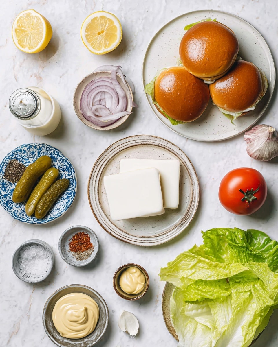 A top view of various burger ingredients arranged on a white marbled surface, featuring a white plate with four shiny light brown burger buns in the top right, a smaller white plate with three thick white cheese slices at the center, and a rustic plate with fresh light green lettuce leaves in the bottom right. Around these are several small dishes and items: three lemon wedges on a white plate at top left, a whole red tomato, three pickles on a blue patterned plate near bottom left, a small pile of salt and black pepper in a gray dish, a small glass bowl of red powder spice near the center bottom, a small gray plate with yellow mustard and a spoon, a measuring spoon filled with a white creamy sauce, and a garlic clove and half red onion near the top right. A tall glass bottle with a metal top is also on the left center, all on the white marbled surface. Photo taken with an iphone --ar 4:5 --v 7