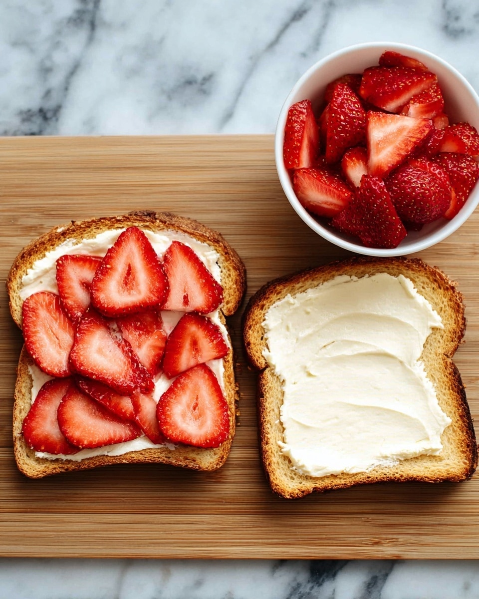 Two slices of toasted bread lie on a white marbled surface, both spread with a thick layer of creamy white cheese. On the left slice, there is a second layer of evenly placed, bright red strawberry slices covering the cheese. The right slice shows only the cheese layer. Above them, a white bowl filled with more strawberry slices is visible. The background is a white marbled texture. photo taken with an iphone --ar 4:5 --v 7