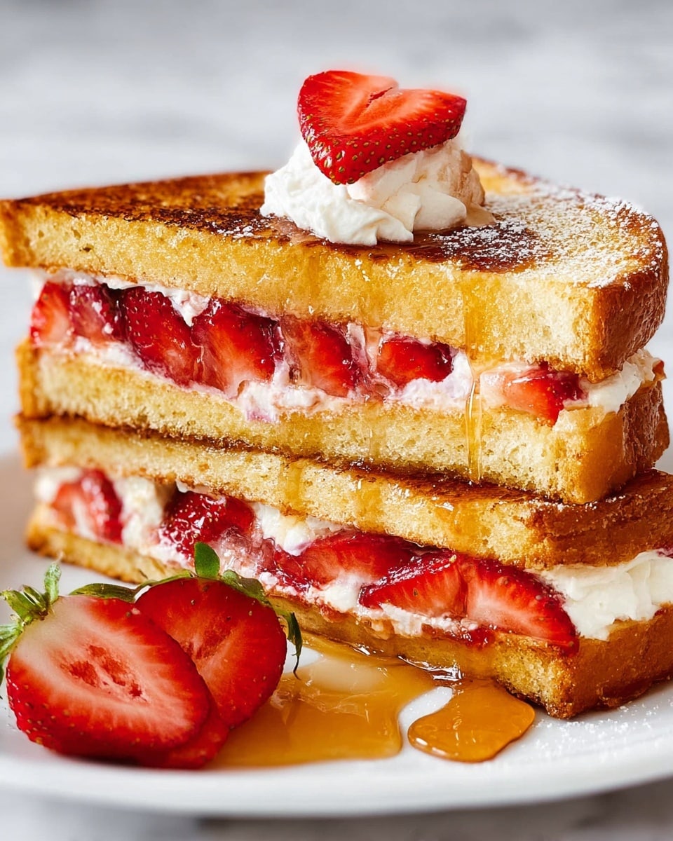 The image shows a close-up of a strawberry sandwich made with two thick, golden brown slices of toast. Inside the sandwich, there are two layers: a white creamy layer mixed with bright red sliced strawberries arranged evenly. The sandwich is cut in half and stacked, with the top half leaning slightly against the bottom half. On top of the sandwich, there is a small dollop of white cream and a sliced strawberry piece. The sandwich sits on a white plate, which has a drizzle of amber syrup pooling slightly around the base, with a whole sliced strawberry next to it. The plate rests on a white marbled surface. photo taken with an iphone --ar 4:5 --v 7