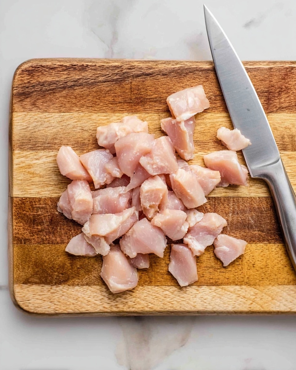 The image shows a wooden cutting board with varying tones of light and dark brown patches. On the board, there are small pieces of raw chicken that are pale pink in color, scattered unevenly across the surface. A silver knife with a long blade and smooth handle lies diagonally on the top right side of the cutting board, partially touching some chicken pieces. The background is a white marbled surface, creating a clean and bright contrast to the wood and chicken. photo taken with an iphone --ar 4:5 --v 7
