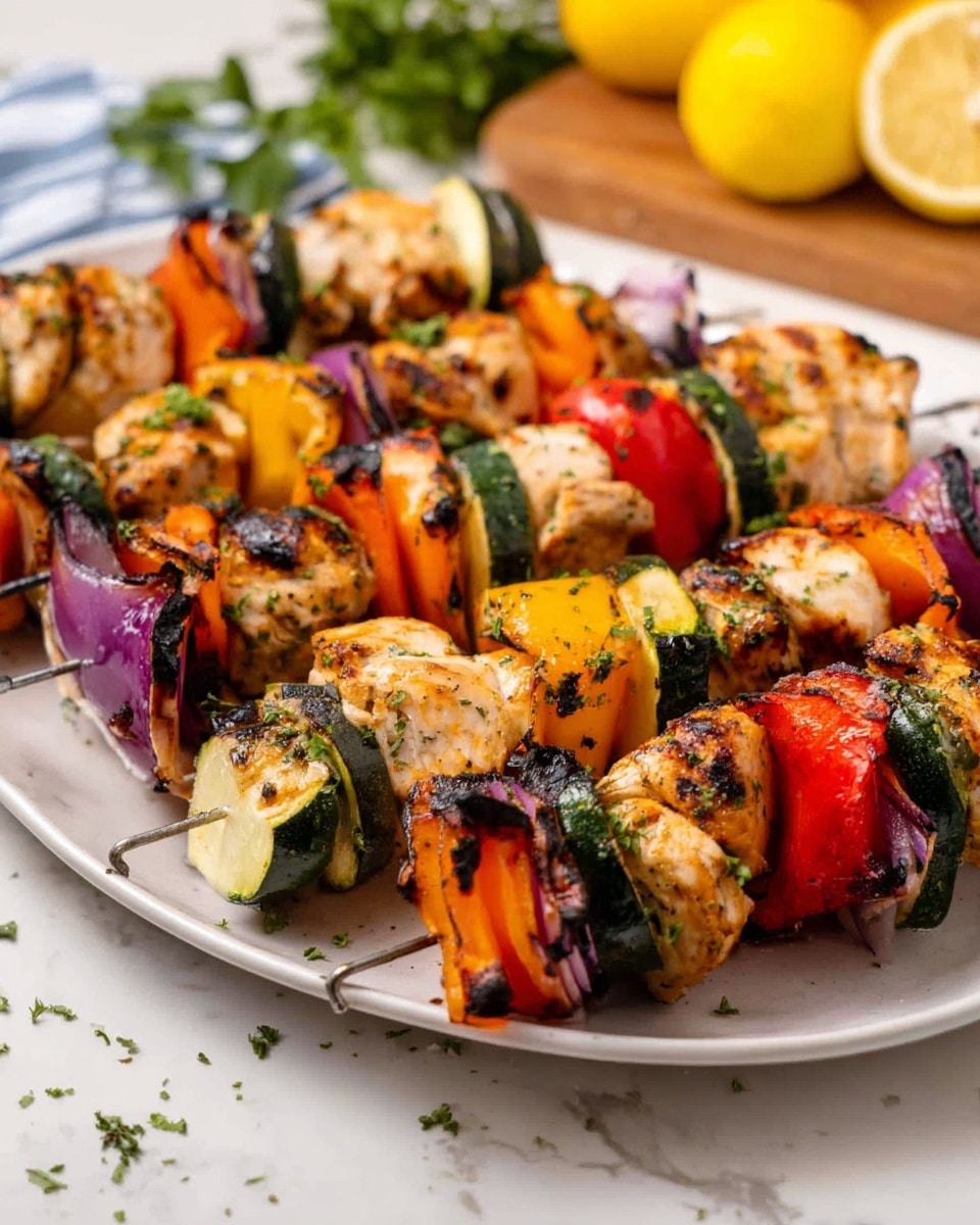 The image shows five metal skewers laid out on a large white plate on a white marbled surface. Each skewer has layers including grilled light brown chicken pieces, green zucchini slices, bright orange and red bell pepper pieces, and purple onion wedges. The vegetables have some char marks, adding a mix of dark brown and black textures. Small green herb bits are sprinkled over the skewers. In the background, there are blurred yellow lemons, some green herbs, and a wooden cutting board. Photo taken with an iphone --ar 4:5 --v 7