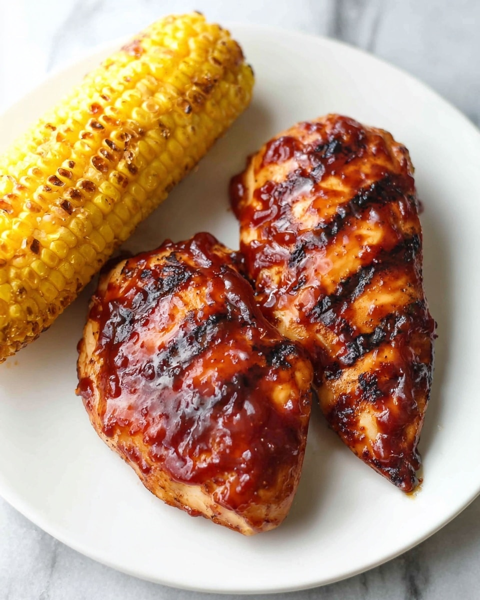 Two grilled chicken pieces covered in shiny, dark red barbecue sauce with black grilled marks on a white plate. To the left of the chicken, there is a bright yellow grilled corn on the cob with some light brown grill marks. The plate sits on a white marbled surface. photo taken with an iphone --ar 4:5 --v 7