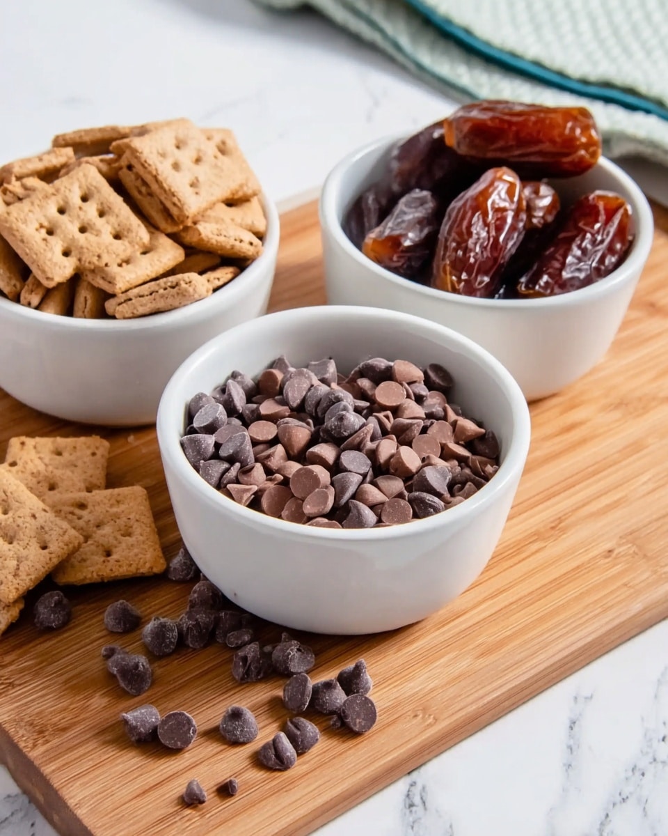 The image shows three white bowls placed on a wooden board on a white marbled surface. The front bowl is filled with a mix of milk and dark chocolate chips, some spilling out onto the board. Behind it, two slightly bigger white bowls are positioned next to each other; the left bowl is filled with square graham crackers, and the right bowl contains glossy, dark brown dates. The overall scene is bright and cozy with natural light. photo taken with an iphone --ar 4:5 --v 7