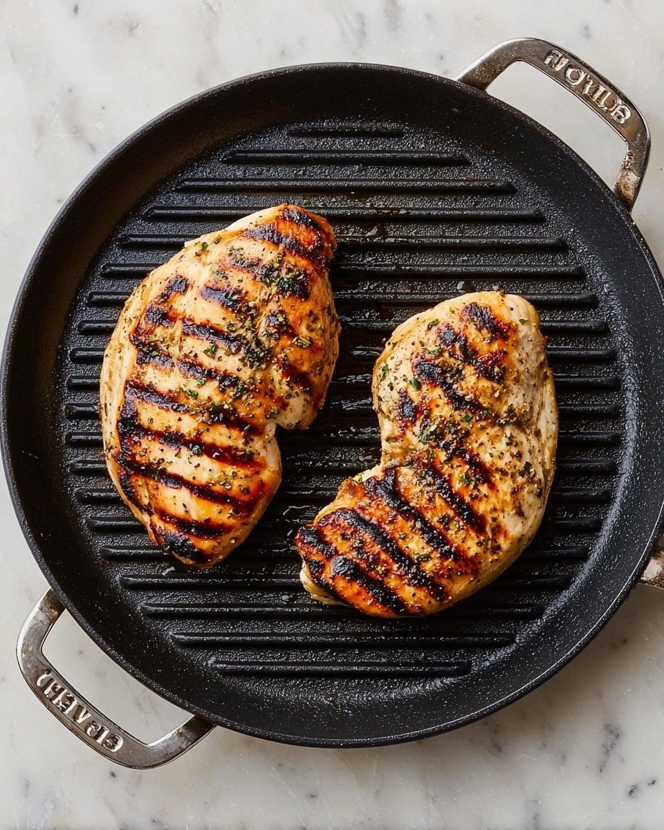 Two grilled chicken pieces lie side by side on a black round grill pan with ridges, each showing clear, dark brown grill marks across the golden-brown surface. The chicken is sprinkled with small, dried herb flakes. The pan has metal handles on both sides with the brand name visible. The pan is placed on a white marbled surface. photo taken with an iphone --ar 4:5 --v 7