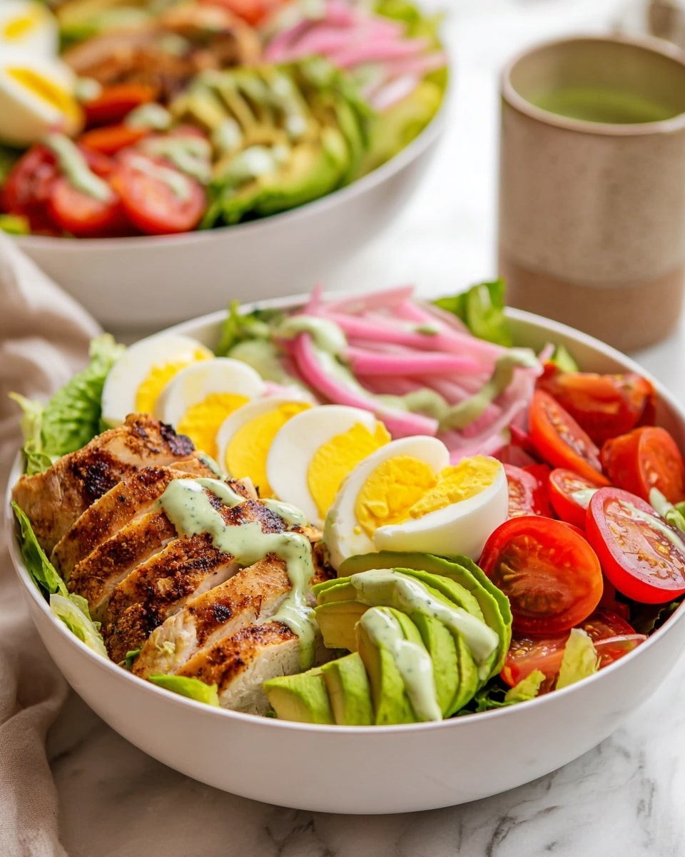 A white bowl filled with layers of fresh green lettuce at the bottom, topped with grilled chicken slices that have a golden brown, slightly charred texture placed on one side; next to the chicken are thin slices of hard-boiled eggs with bright yellow yolks and white edges; beside the eggs are creamy green avocado slices, and halved cherry tomatoes with a shiny red appearance are arranged at the edge. Pink pickled onions are scattered on top of the chicken. A creamy green dressing is lightly drizzled over the eggs, avocado, and chicken. The bowl is set on a white marbled surface, with a blurry second white bowl behind it containing a similar salad, along with a ceramic cup seen in the background. Photo taken with an iphone --ar 4:5 --v 7