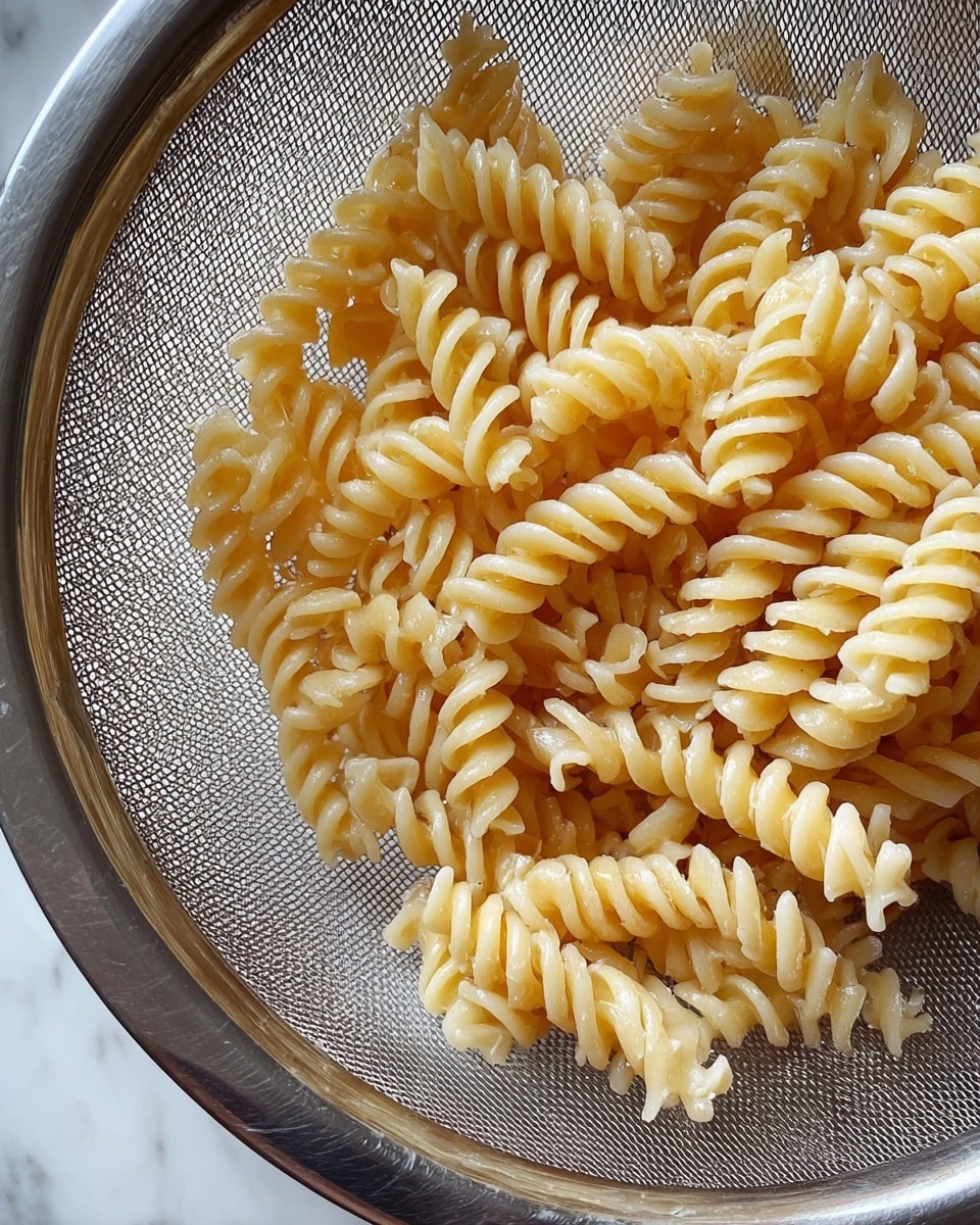 A close-up view of pale yellow cooked rotini pasta sitting in a silver mesh strainer, showing the spiral shapes clearly with a slight shine from moisture, set against a white marbled surface. photo taken with an iphone --ar 4:5 --v 7