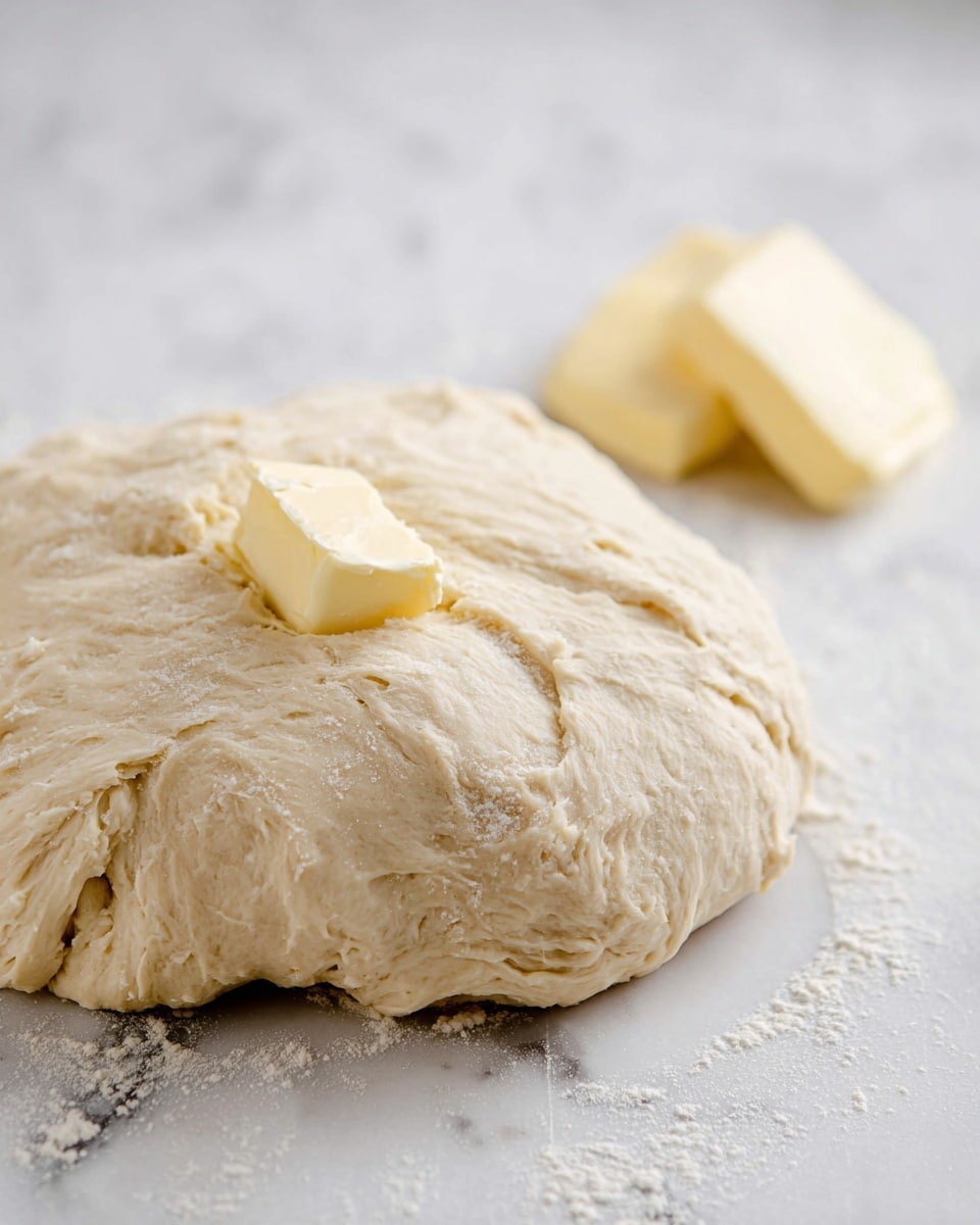 A close-up view of a soft dough mound placed on a white marbled surface, with a small light yellow butter piece resting on top center of the dough, showing creamy texture. Behind the dough, two more butter pieces sit slightly blurred on the same surface. The dough looks airy with wrinkled folds and a natural beige color, filling most of the foreground. Photo taken with an iphone --ar 4:5 --v 7