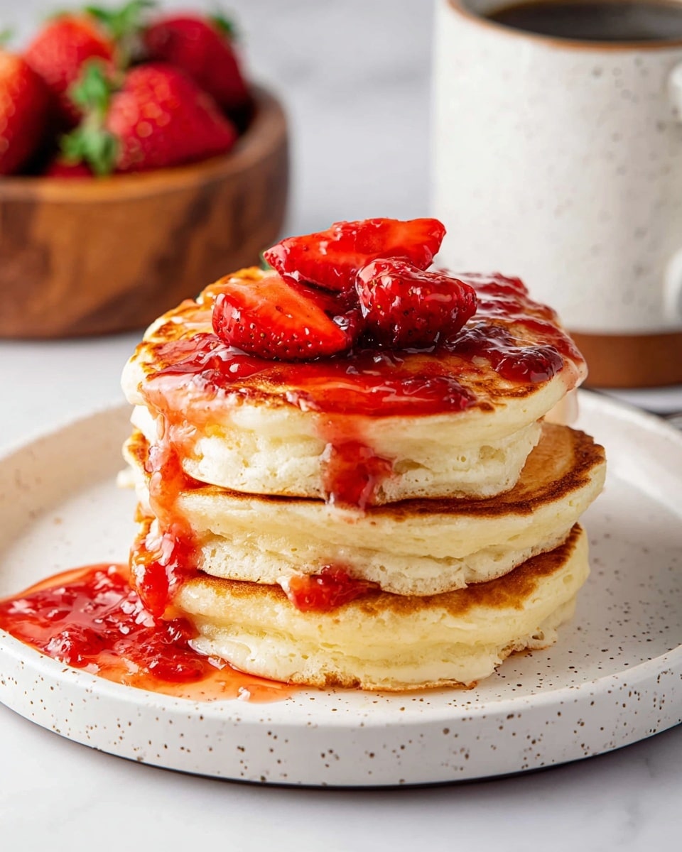 A stack of four thick, fluffy golden-brown pancakes with soft, pale yellow inside layers visible on the side sit on a white speckled plate, placed on a white marbled surface. The top pancake is covered with bright red strawberry sauce that glistens and drips down the stack, along with three fresh strawberry halves placed neatly on top. In the background, a wooden bowl filled with ripe strawberries and a white speckled mug are softly blurred. The photo taken with an iphone --ar 4:5 --v 7