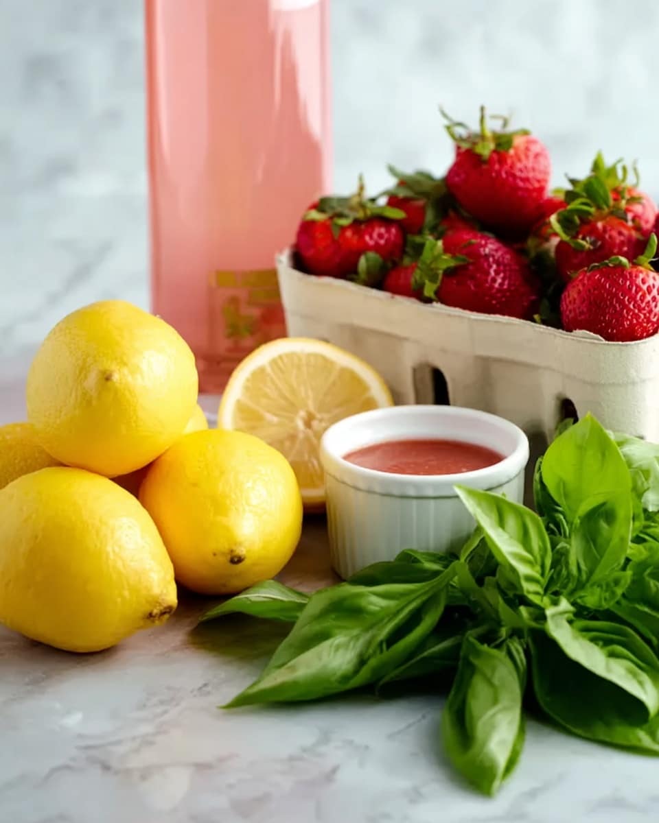The image shows a white marbled surface with a variety of vibrant ingredients arranged on it. In the center, there is a small white bowl filled with a reddish sauce. To the left of the bowl, there are three bright yellow lemons, one of which is cut in half showing its juicy inside. Behind the lemons, a tall pink bottle is partially visible. To the right, there is a bunch of fresh green basil leaves with a smooth texture. In the background, a white container filled with many ripe, red strawberries sits slightly out of focus. Photo taken with an iphone --ar 4:5 --v 7