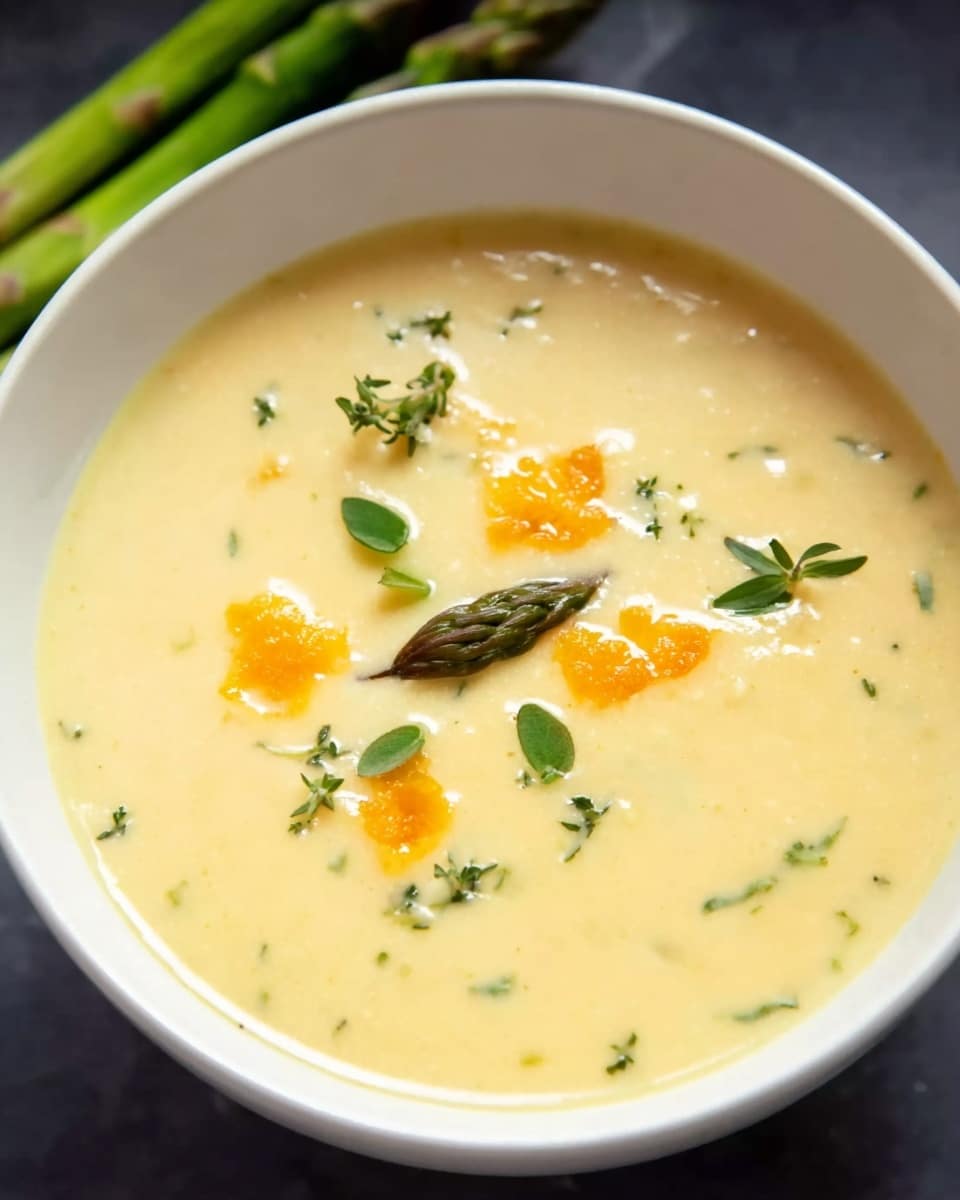 A white bowl filled with a smooth, creamy pale yellow soup. On the surface, there are small clusters of bright orange pieces, a few green leaves, and tiny fresh green herb sprigs scattered in the center. The bowl is placed on a white marbled surface with some green vegetable stalks blurred in the background. The overall look is warm and fresh. photo taken with an iphone --ar 4:5 --v 7